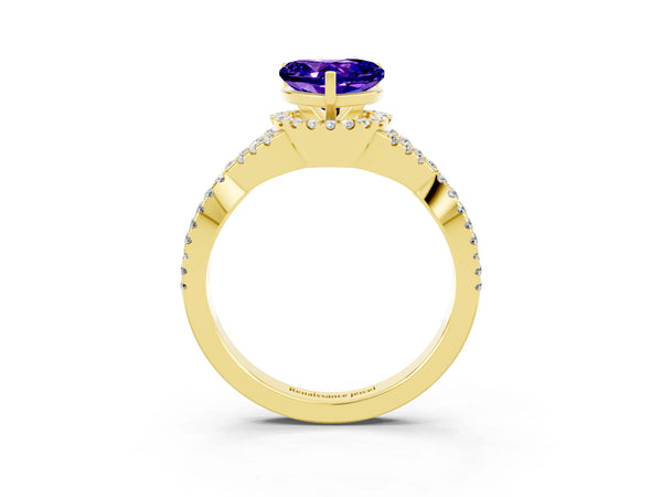 Yellow gold Heart Cut Tanzanite  Halo Twist Band Solitaire Prong Setting Ring