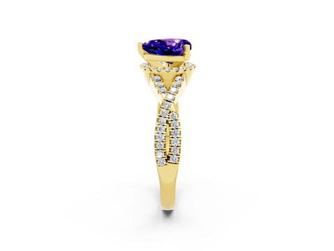 Yellow gold Heart Cut Tanzanite Halo Twist Band Solitaire Prong Setting Ring_2