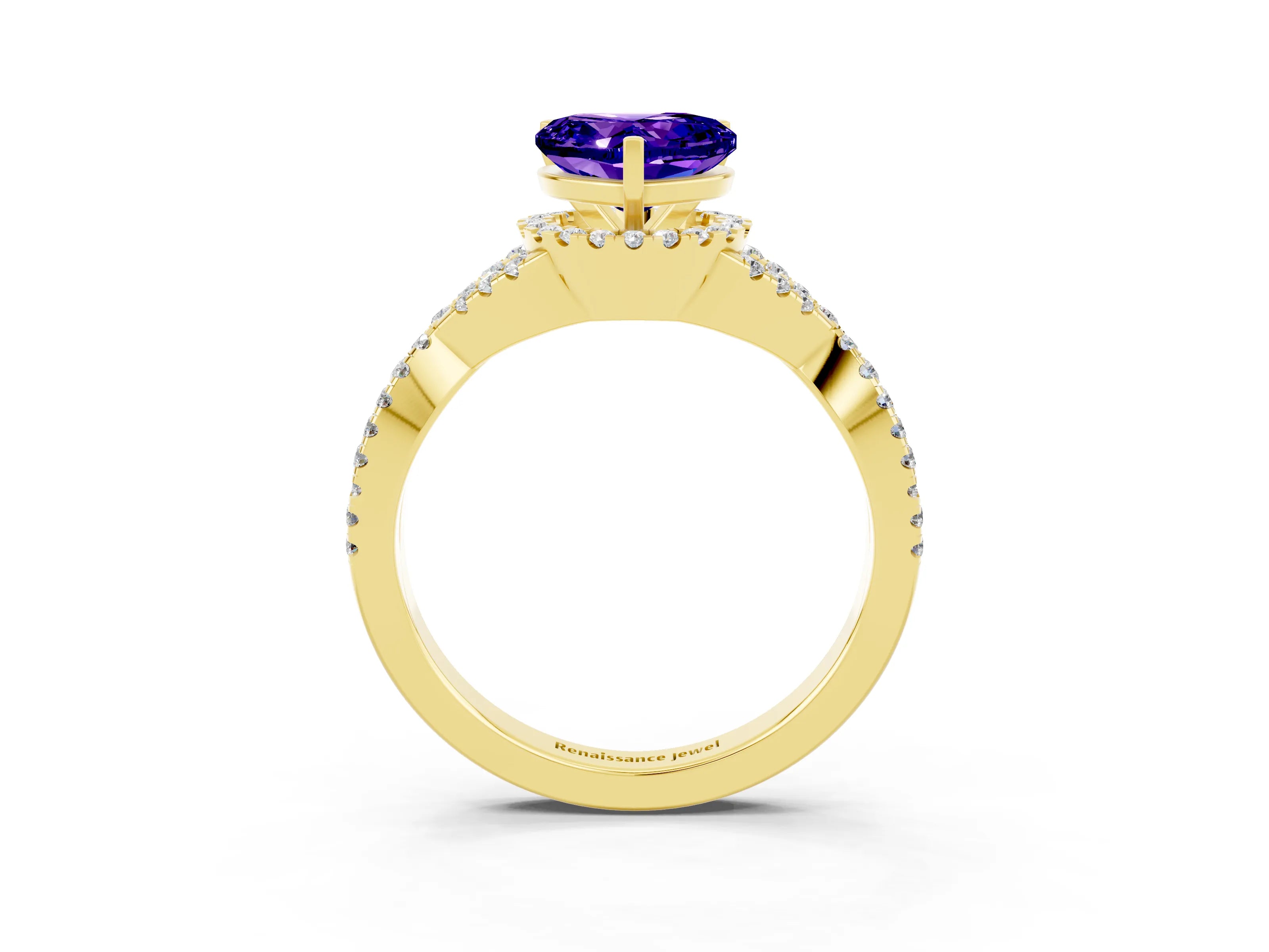 Yellow gold Heart Cut Tanzanite Halo Twist Band Solitaire Prong Setting Ring_3