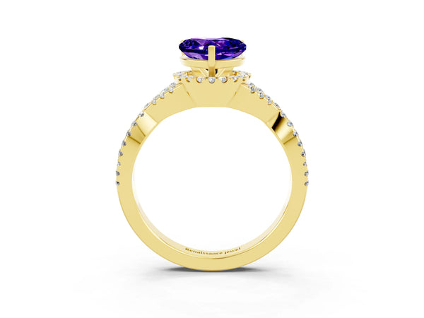 Yellow gold Heart Cut Tanzanite  Halo Twist Band Solitaire Prong Setting Ring