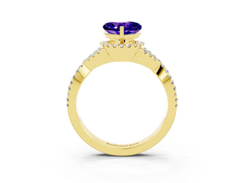 Yellow gold Heart Cut Tanzanite Halo Twist Band Solitaire Prong Setting Ring_3