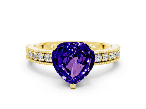 Yellow gold Heart Cut Tanzanite Milgrain Pavé Engagement Ring with Four-Prong Setting