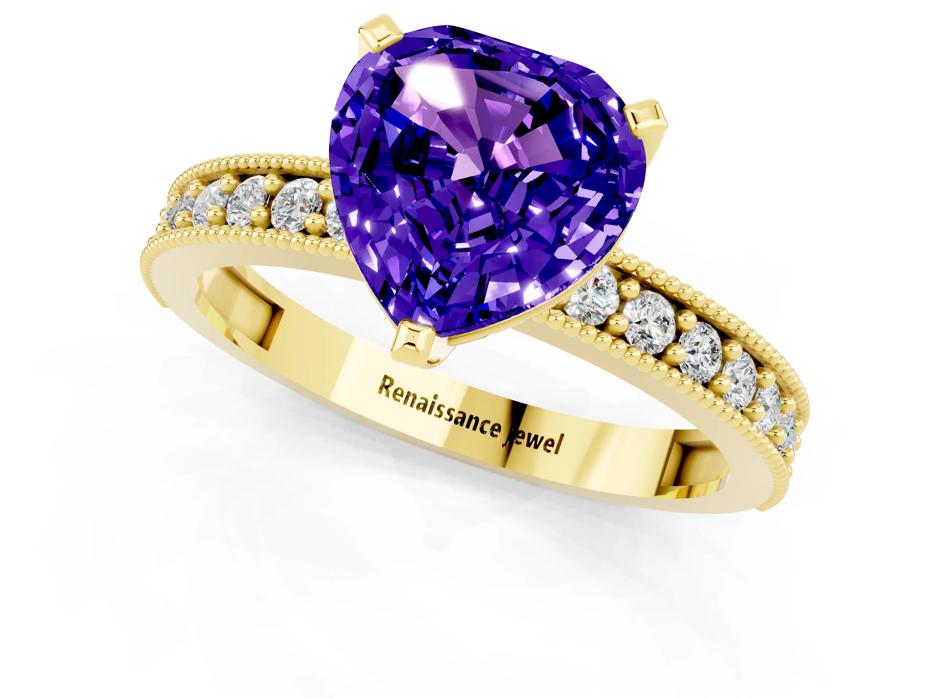 Yellow gold Heart Cut Tanzanite Milgrain Pavé Engagement Ring with Four-Prong Setting_13