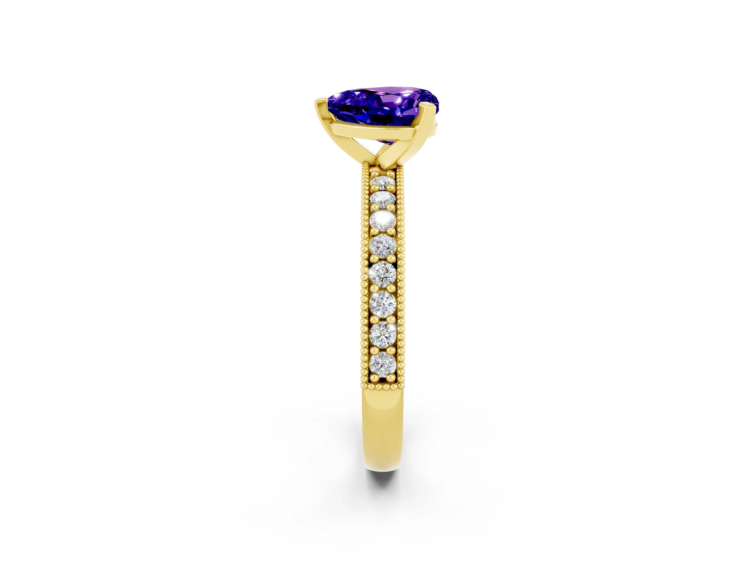 Yellow gold Heart Cut Tanzanite Milgrain Pavé Engagement Ring with Four-Prong Setting_14