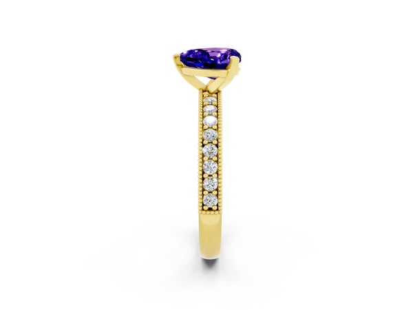 Yellow gold Heart Cut Tanzanite Milgrain Pavé Engagement Ring with Four-Prong Setting
