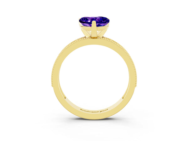 Yellow gold Heart Cut Tanzanite Milgrain Pavé Engagement Ring with Four-Prong Setting