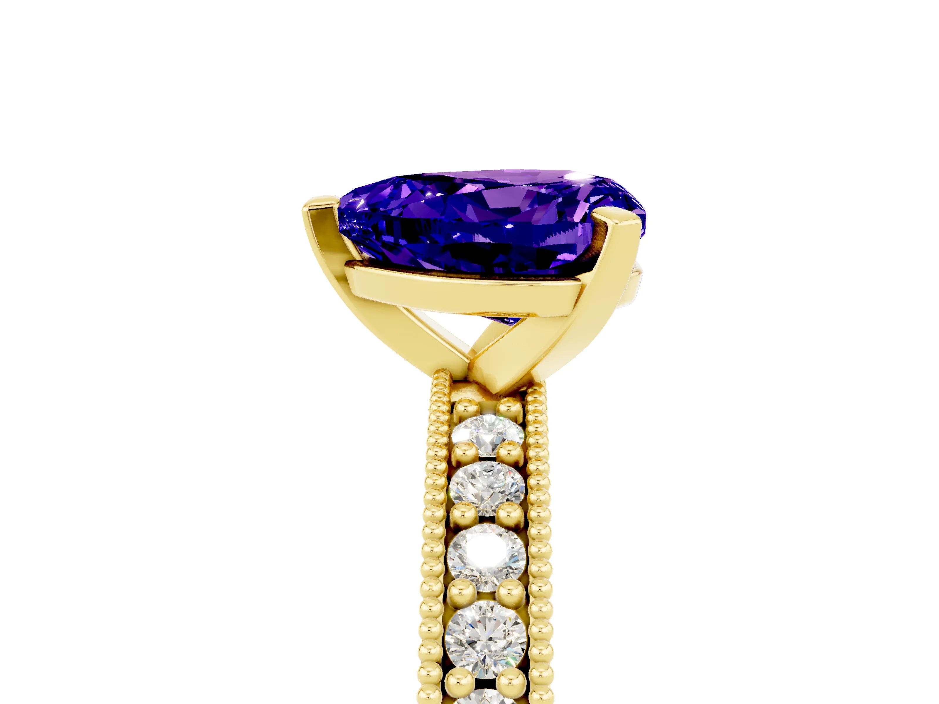 Yellow gold Heart Cut Tanzanite Milgrain Pavé Engagement Ring with Four-Prong Setting_17