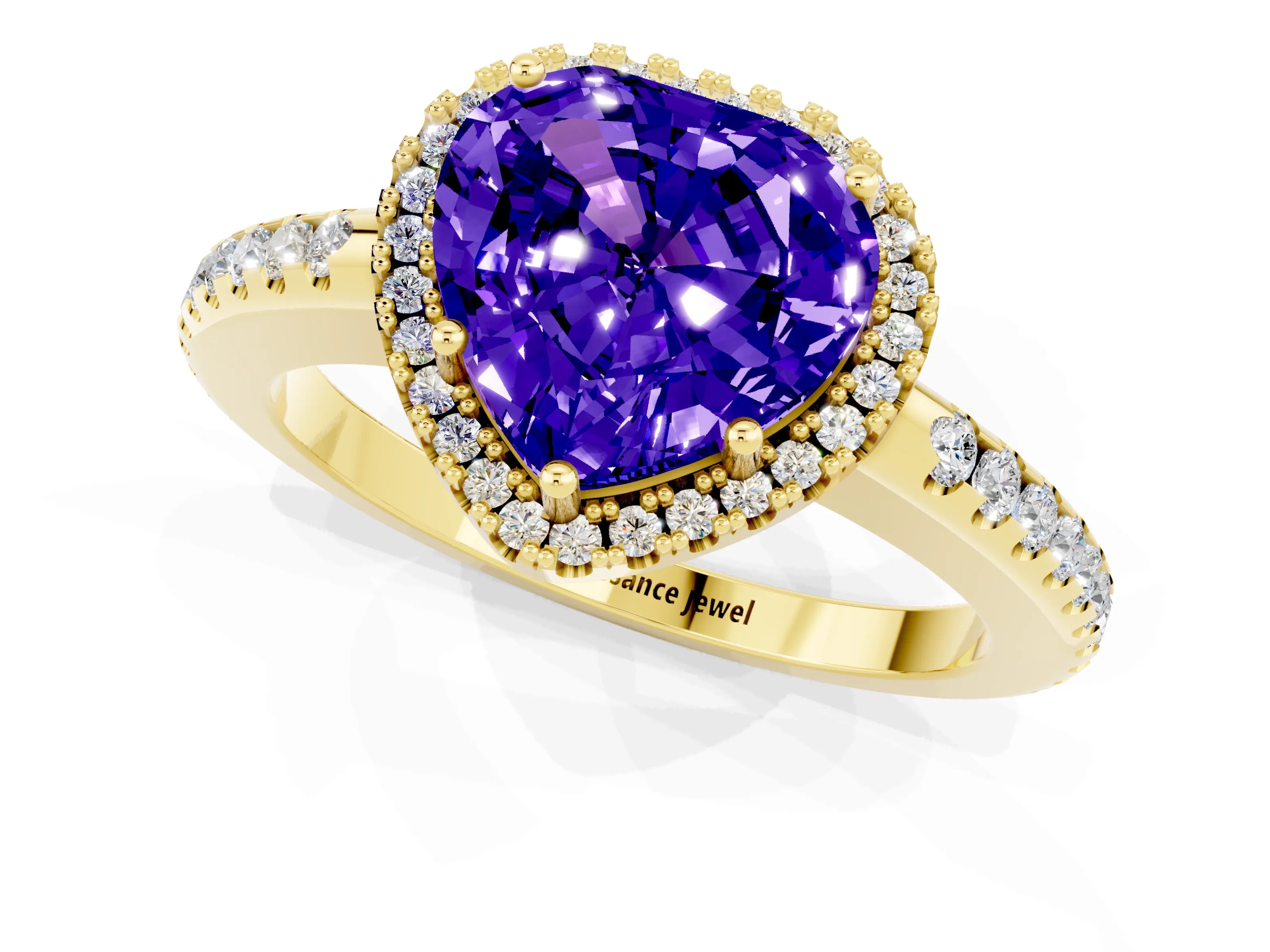 Yellow gold Heart Cut Tanzanite Pavé Halo Ring with Four-Prong Setting_13