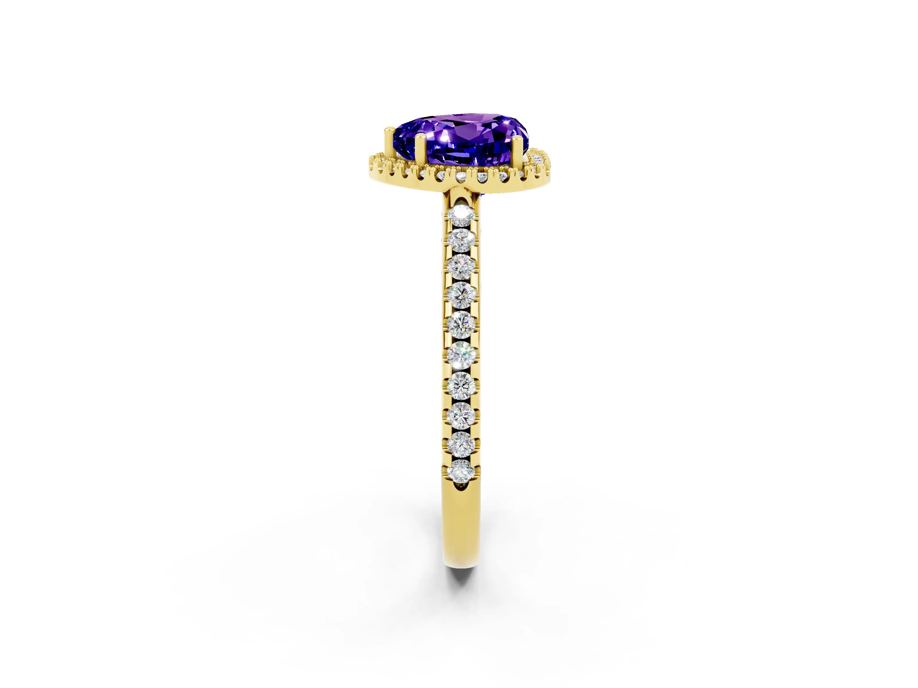Yellow gold Heart Cut Tanzanite Pavé Halo Ring with Four-Prong Setting_14