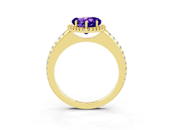 Yellow gold Heart Cut Tanzanite Pavé Halo Ring with Four-Prong Setting