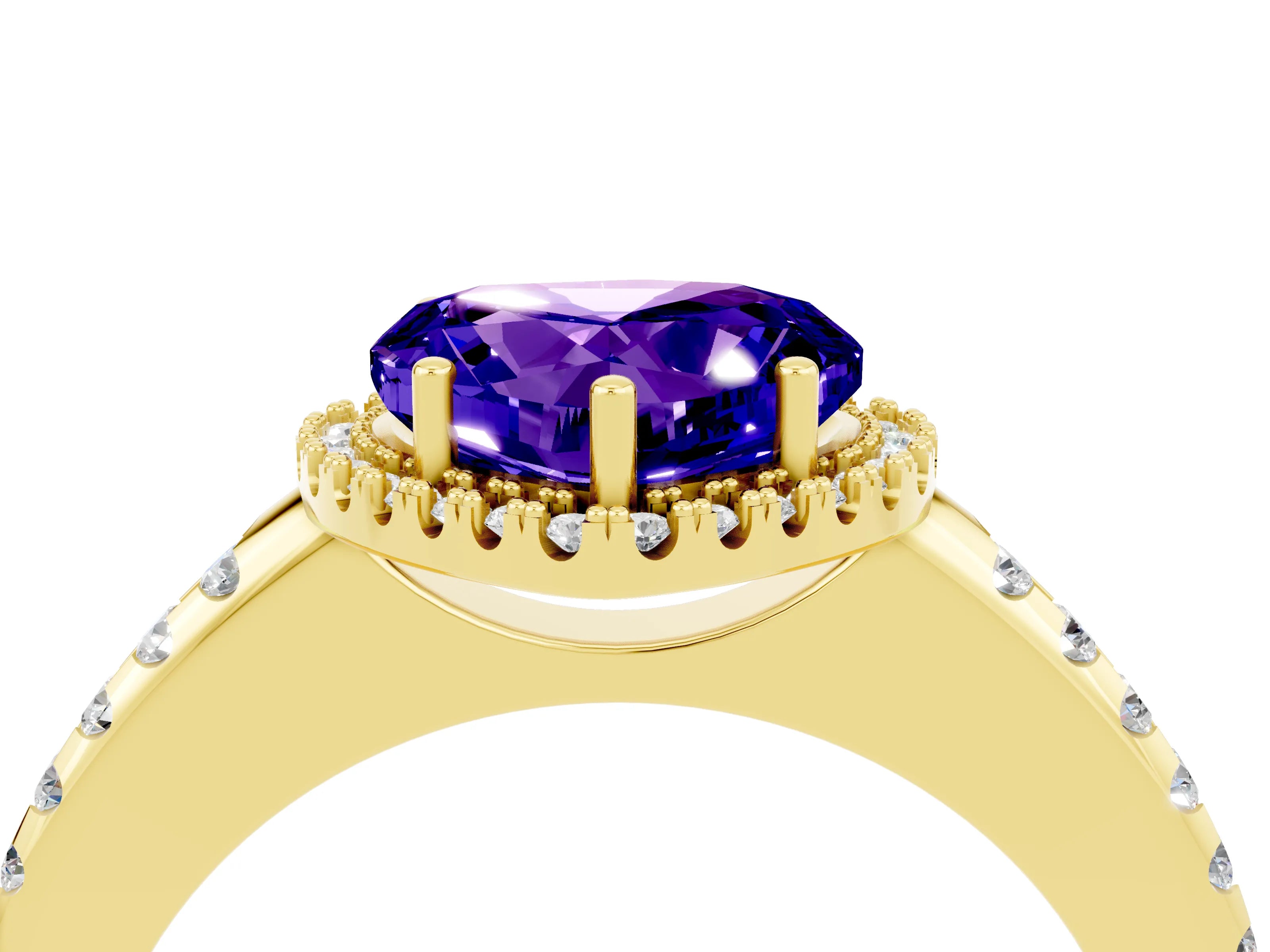 Yellow gold Heart Cut Tanzanite Pavé Halo Ring with Four-Prong Setting_16