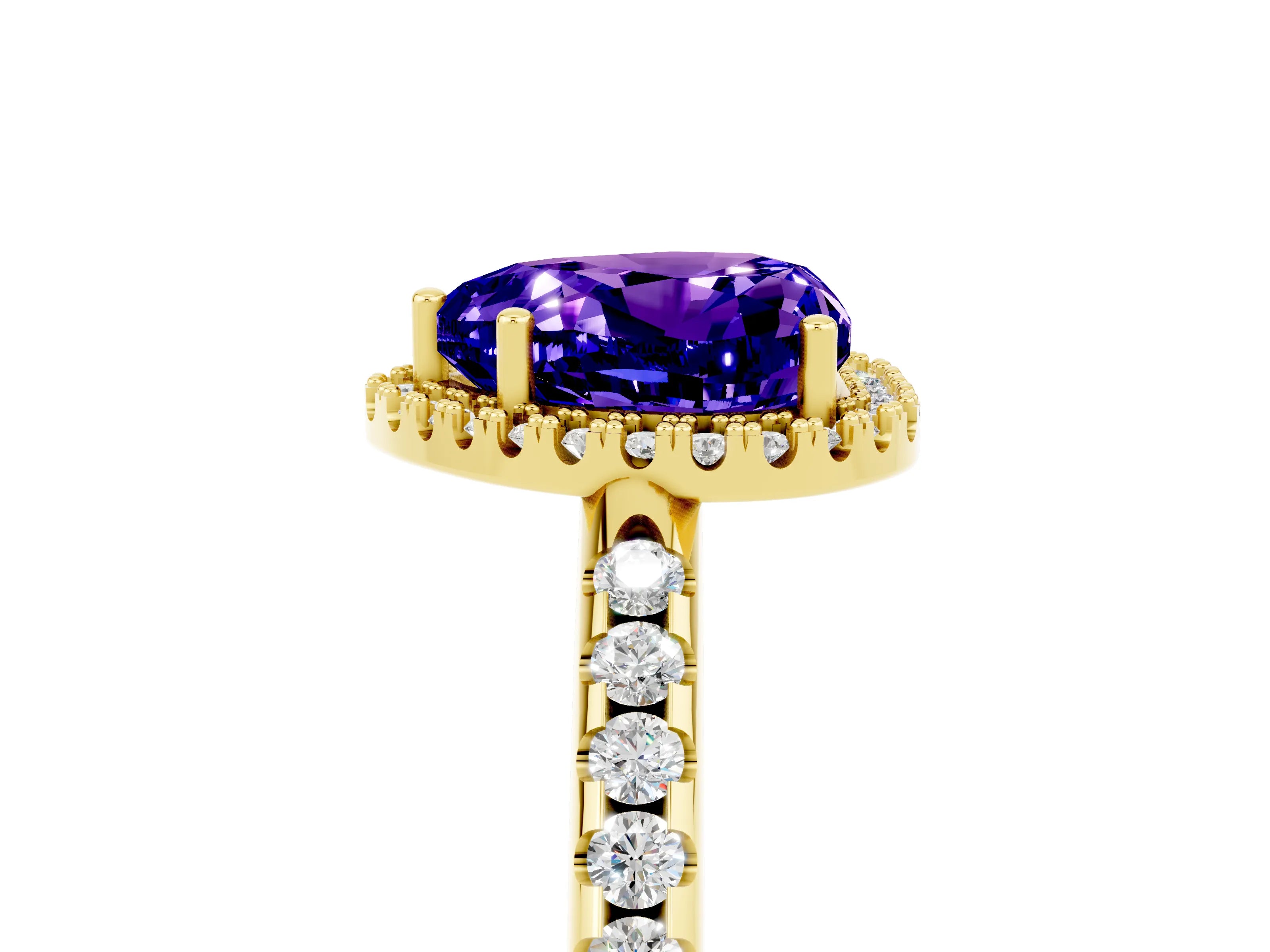 Yellow gold Heart Cut Tanzanite Pavé Halo Ring with Four-Prong Setting_17