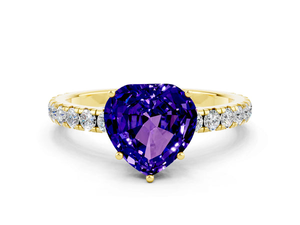 Yellow gold Heart Cut Tanzanite Pavé Solitaire Engagement Ring with Four-Prong Setting