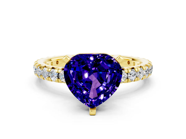 Yellow gold Heart Cut Tanzanite Pavé Solitaire Ring with Round Band and Prong Setting