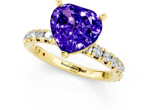 Yellow gold Heart Cut Tanzanite Pavé Solitaire Ring with Round Band and Prong Setting