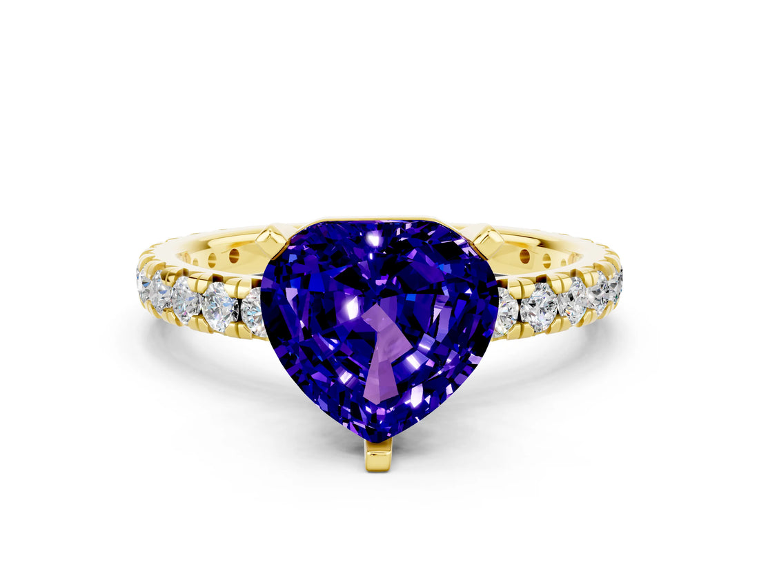 Yellow gold Heart Cut Tanzanite Pavé Solitaire Ring with Round Band and Prong Setting_24
