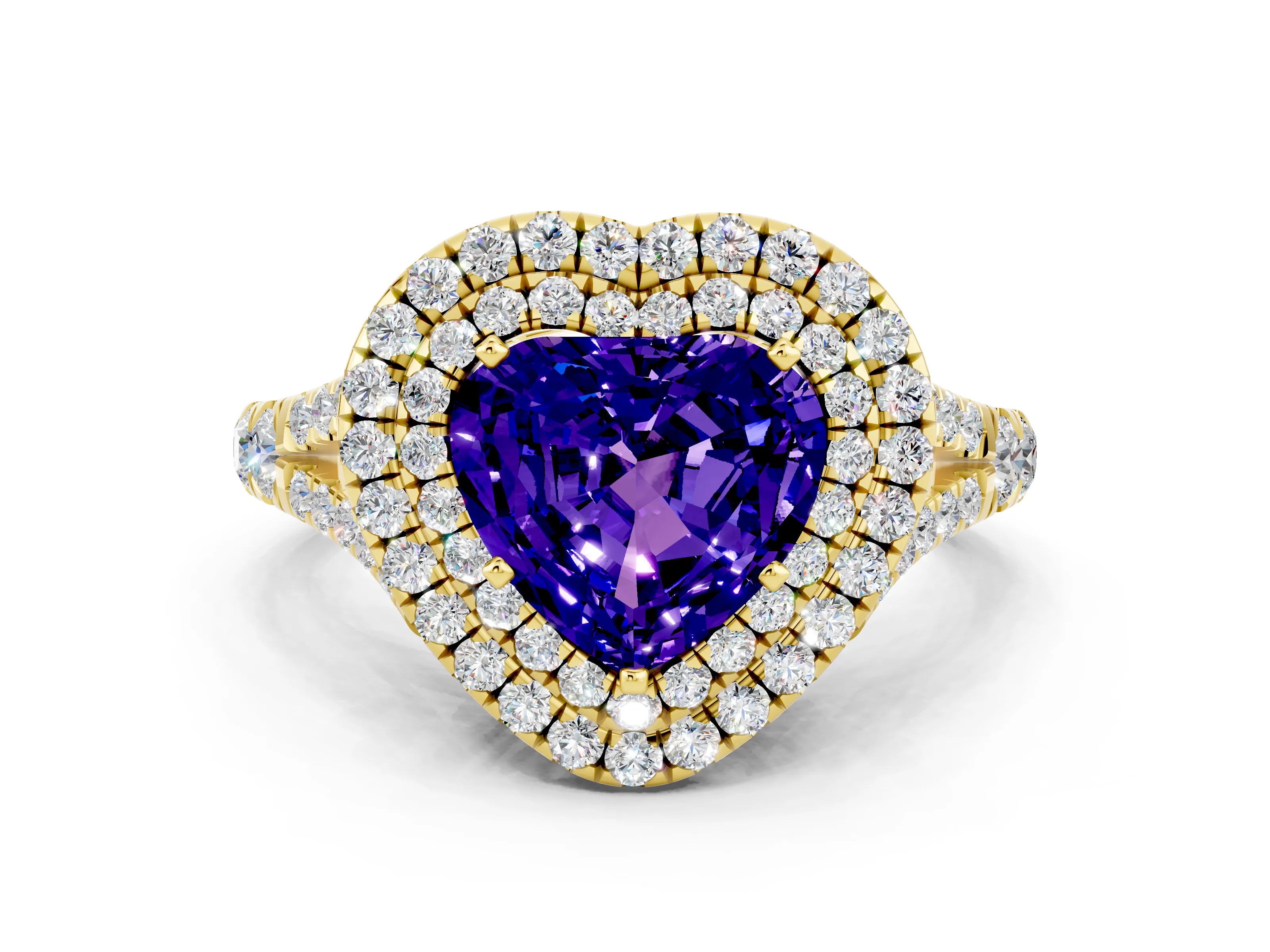 Yellow gold Heart Cut Tanzanite Pavé Split Shank Double Halo Engagement Ring