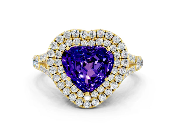 Yellow gold Heart Cut Tanzanite Pavé Split Shank Double Halo Engagement Ring