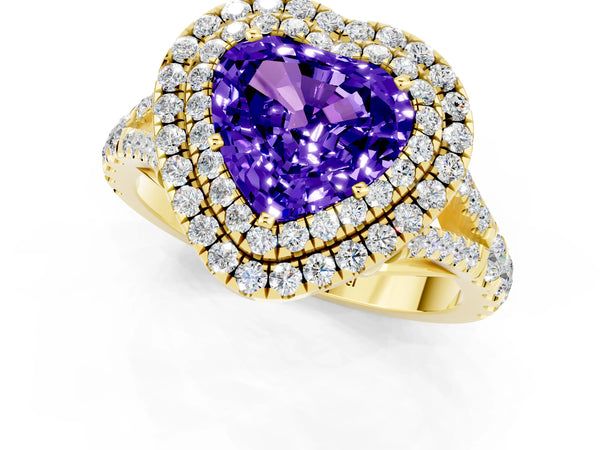 Yellow gold Heart Cut Tanzanite Pavé Split Shank Double Halo Engagement Ring