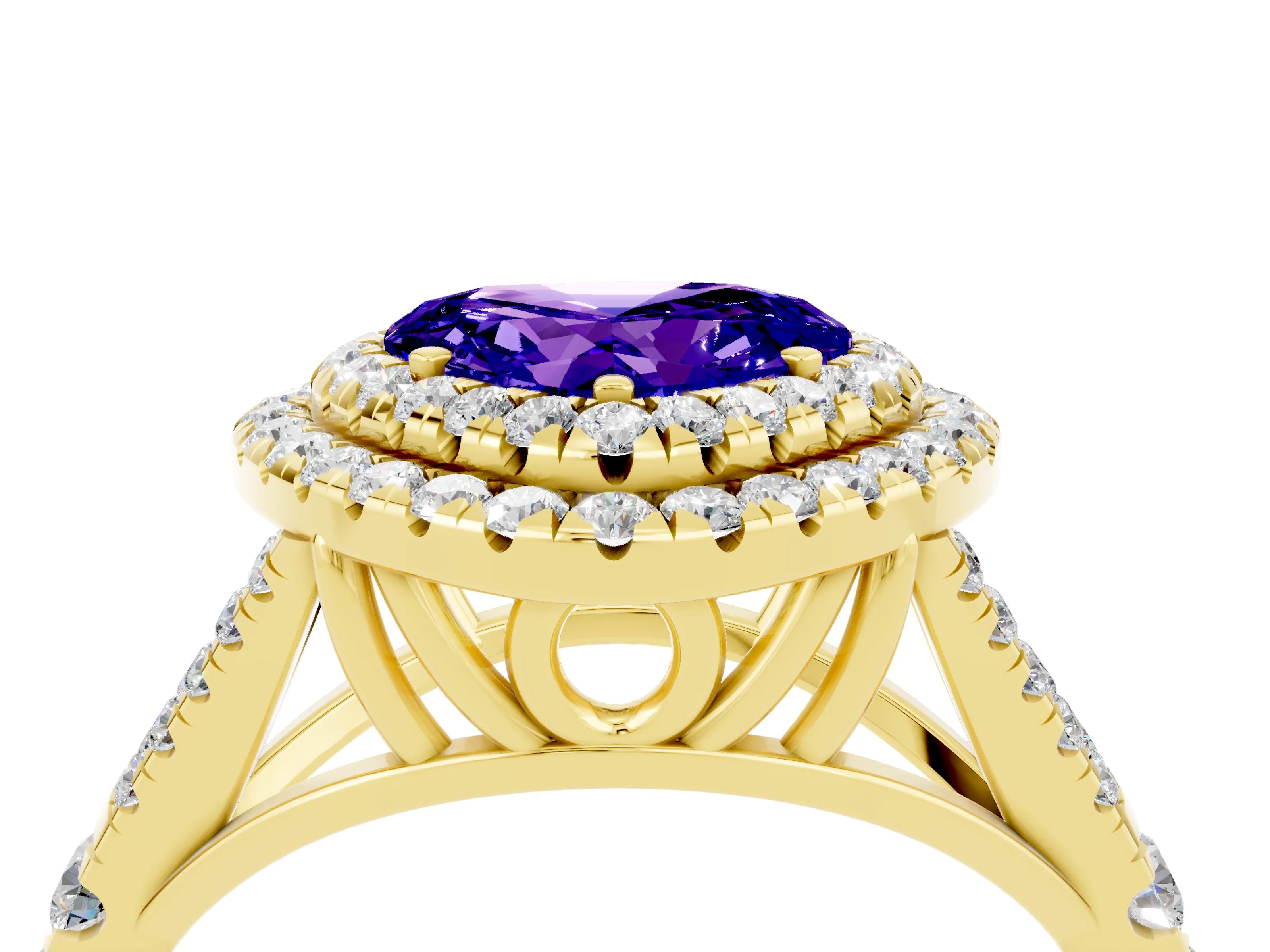 Yellow gold Heart Cut Tanzanite Pavé Split Shank Double Halo Engagement Ring_4