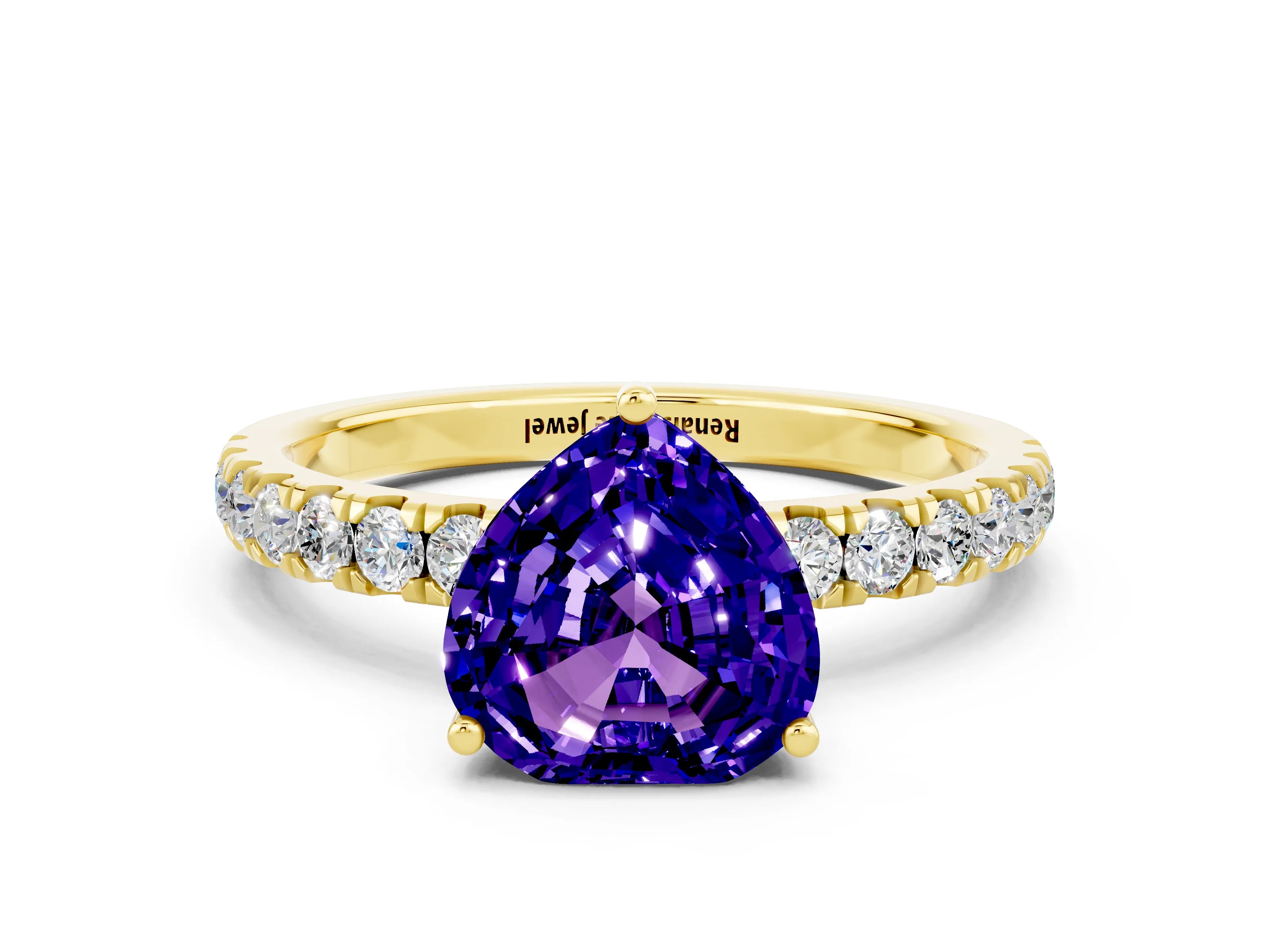 Yellow gold Heart Cut Tanzanite Pave Band Solitaire Ring with Four-Prong Setting_24
