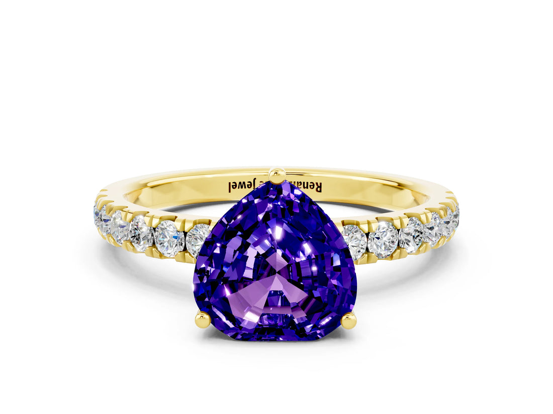 Yellow gold Heart Cut Tanzanite Pave Band Solitaire Ring with Four-Prong Setting_24