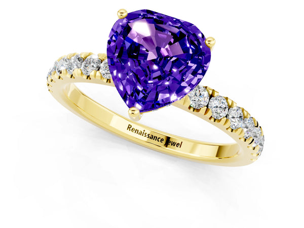 Yellow gold Heart Cut Tanzanite Pave Band Solitaire Ring with Round  and Prong Setting