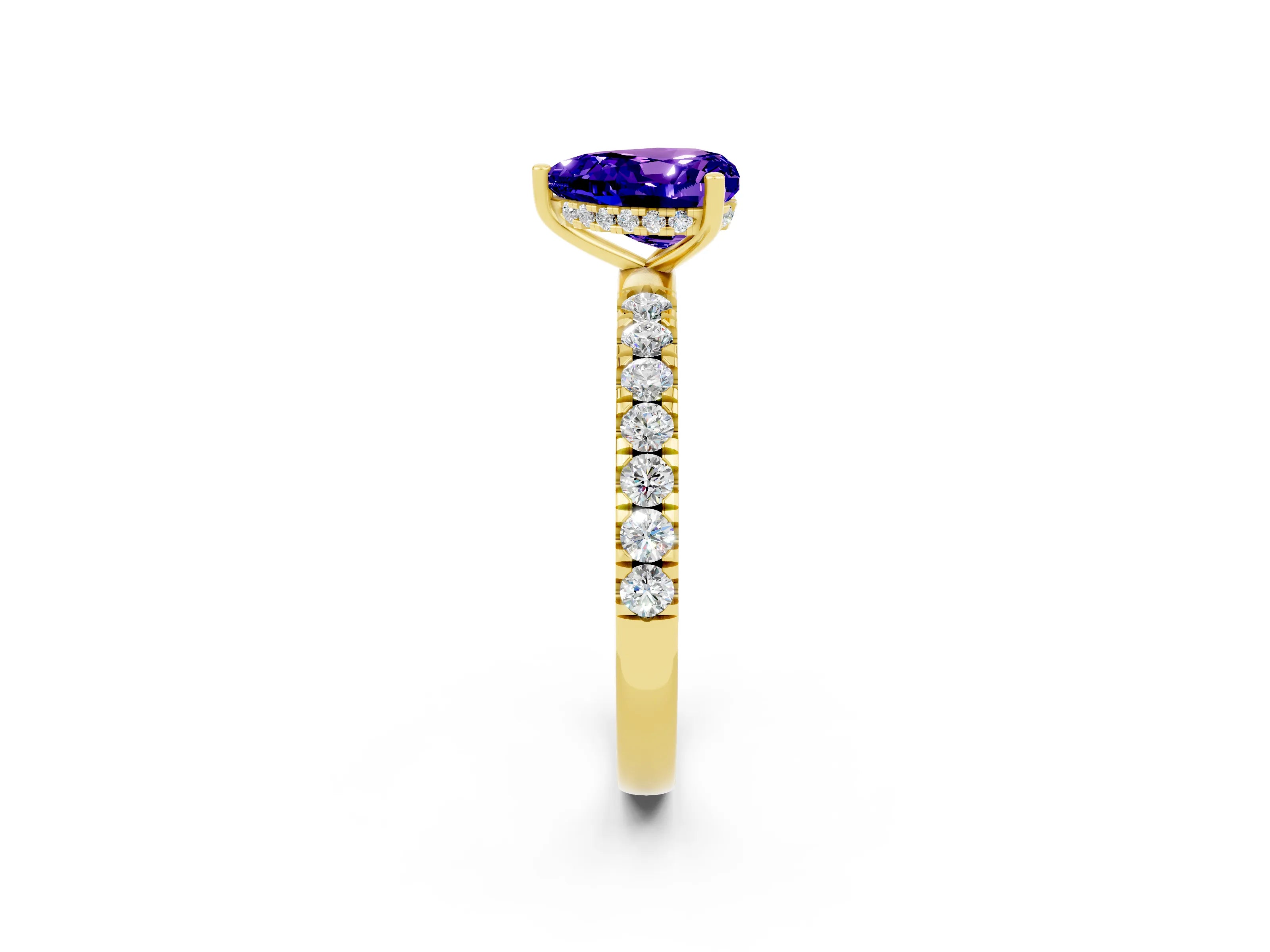 Yellow gold Heart Cut Tanzanite Pave Band Solitaire Ring with Four-Prong Setting_26