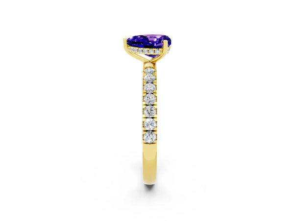 Yellow gold Heart Cut Tanzanite Pave Band Solitaire Ring with Round  and Prong Setting