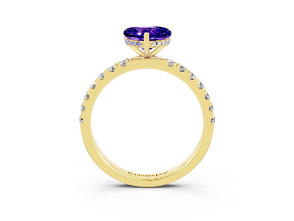 Yellow gold Heart Cut Tanzanite Pave Band Solitaire Ring with Round  and Prong Setting
