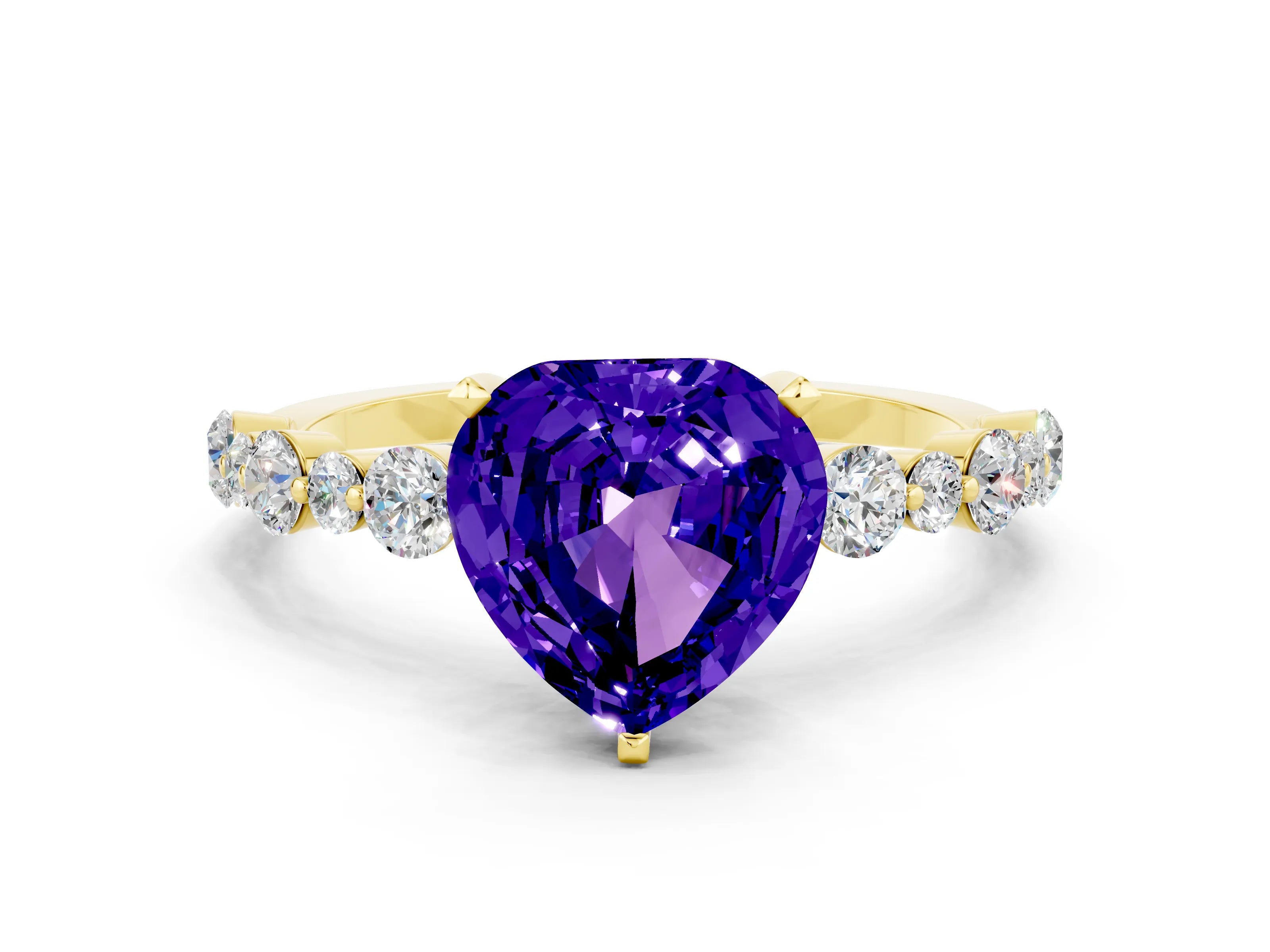 Yellow gold Heart Cut Tanzanite Prong Set Engagement Ring with Pavé Band