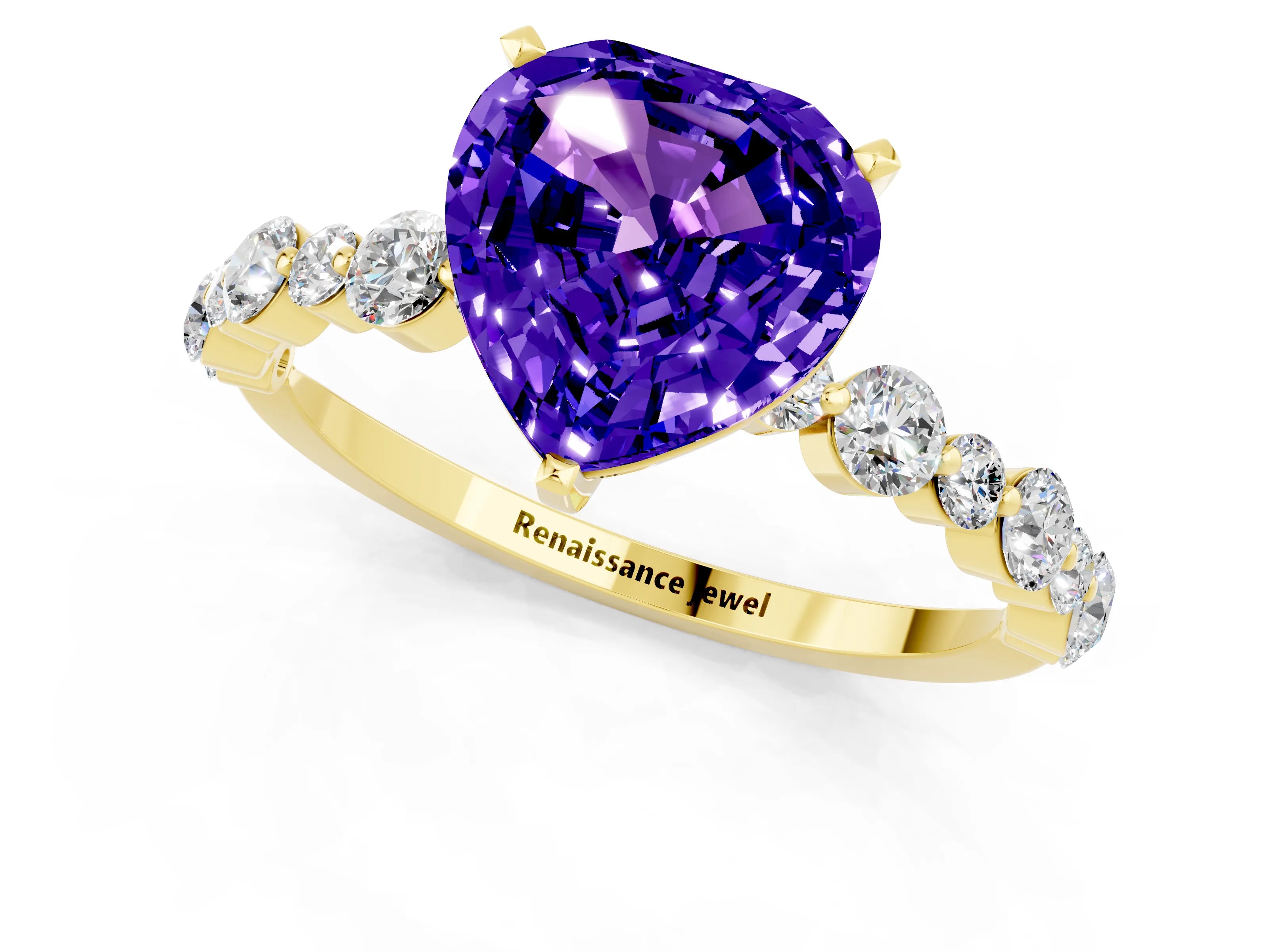 Yellow gold Heart Cut Tanzanite Prong Set Engagement Ring with Pavé Band_1