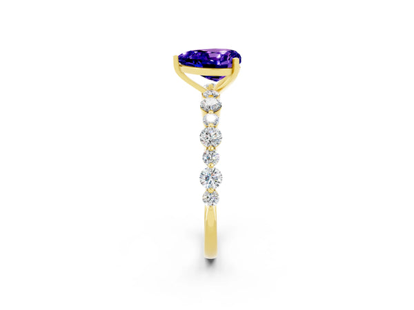Yellow gold Heart Cut Tanzanite Prong Set Engagement Ring with Pavé Band