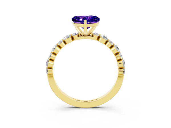 Yellow gold Heart Cut Tanzanite Prong Set Engagement Ring with Pavé Band