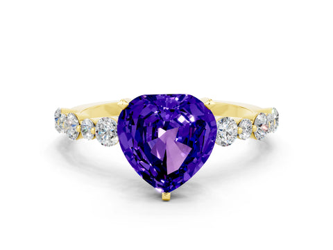 Yellow gold Heart Cut Tanzanite Prong Set Engagement Ring with Pavé Band