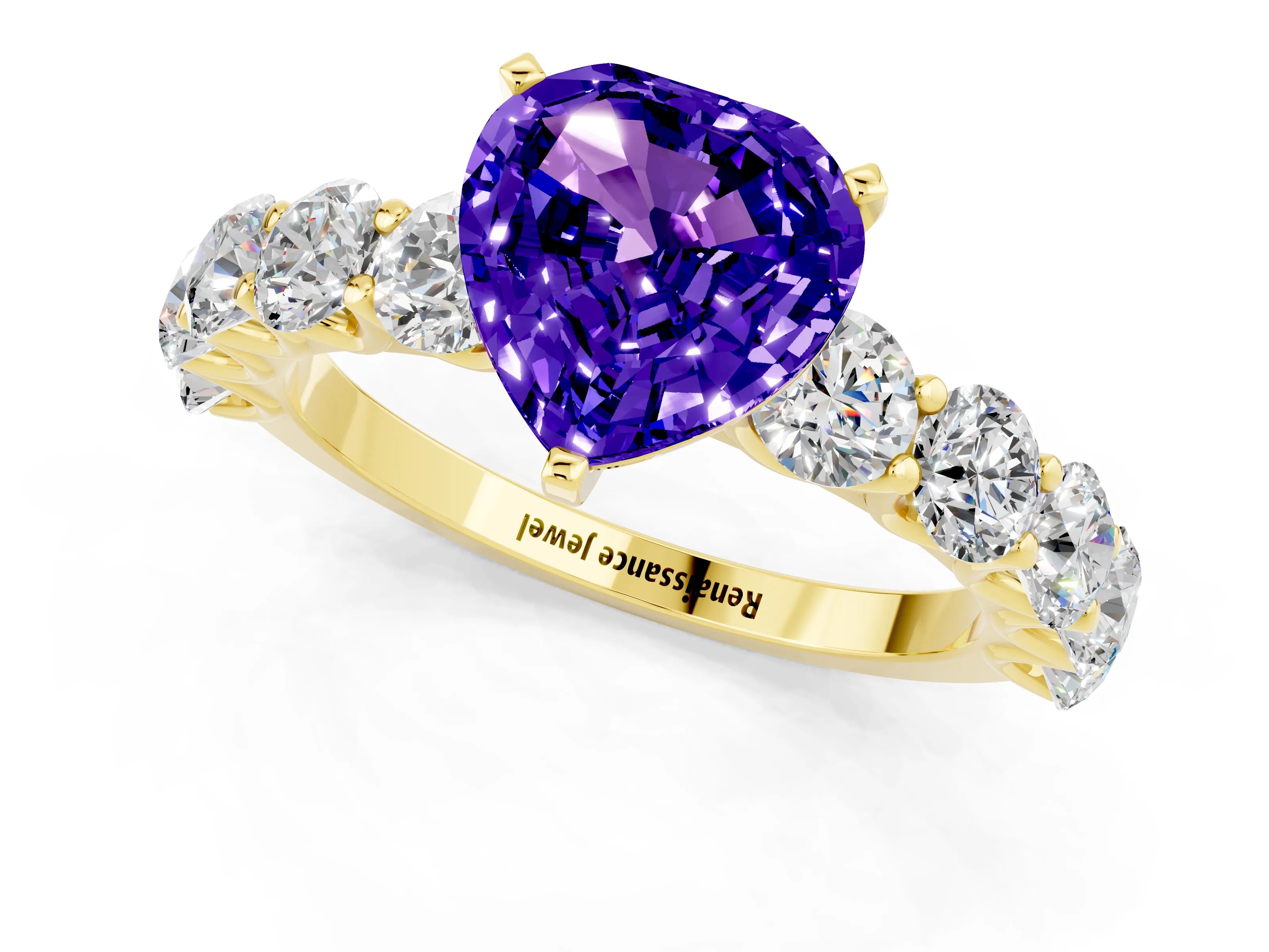Yellow gold Heart Cut Tanzanite Prong Setting with Side Stones on a Pave Band_1