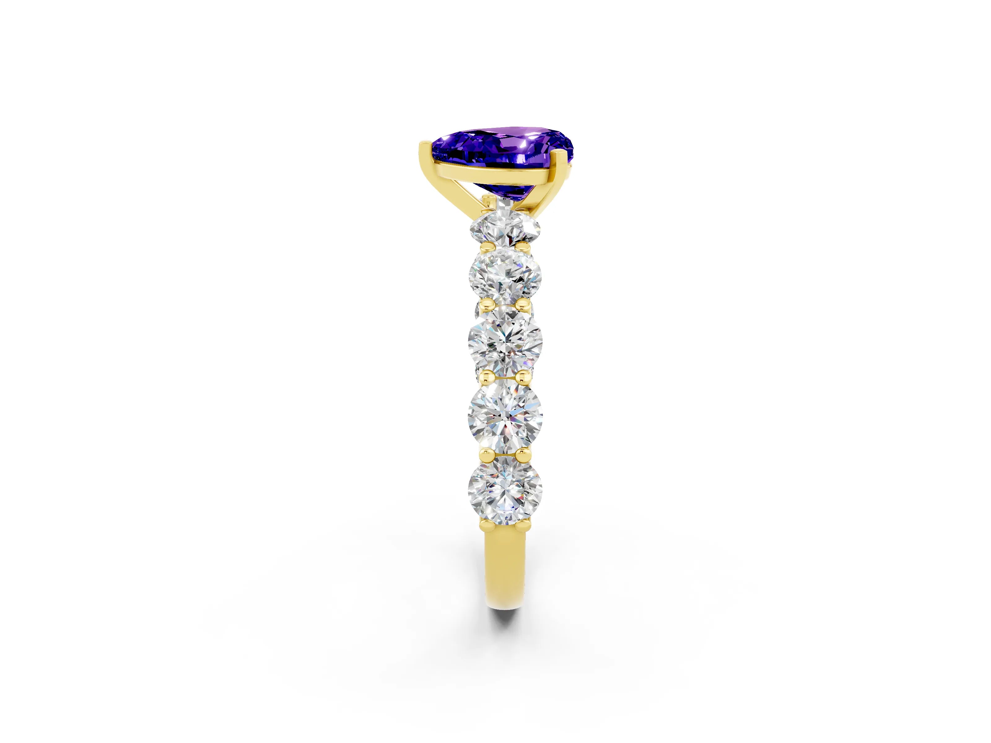 Yellow gold Heart Cut Tanzanite Prong Setting with Side Stones on a Pave Band_2