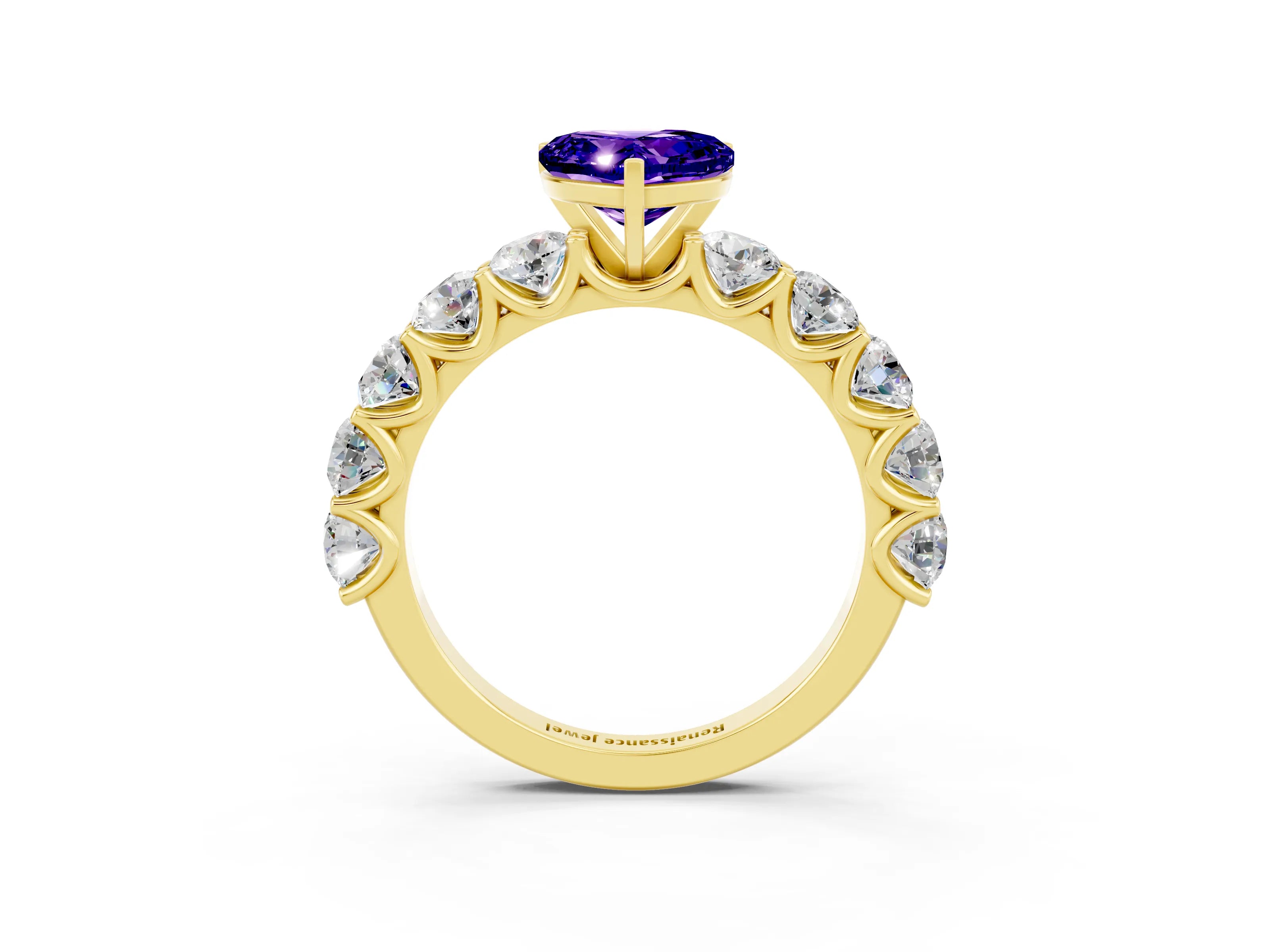 Yellow gold Heart Cut Tanzanite Prong Setting with Side Stones on a Pave Band_3
