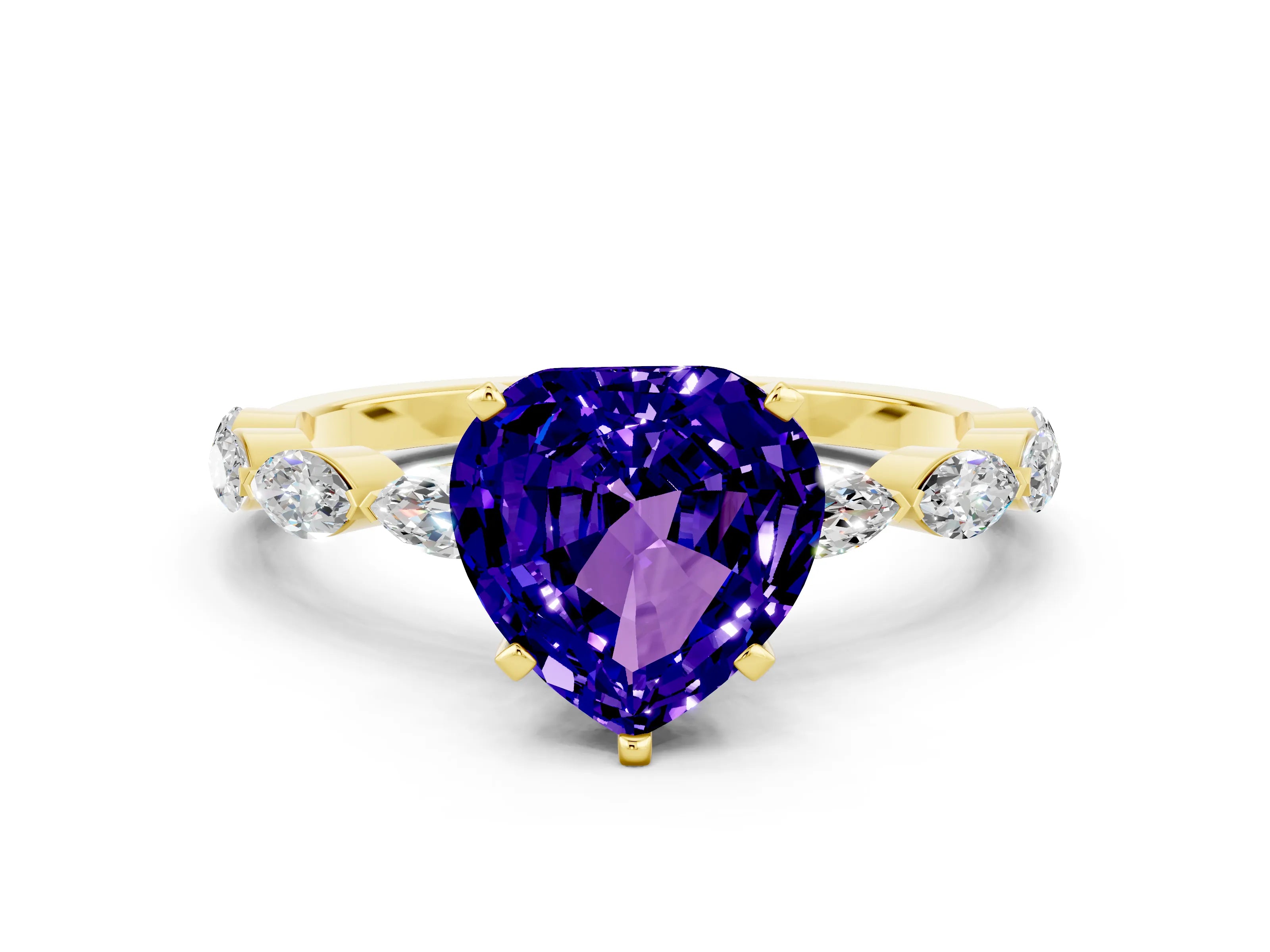 Yellow gold Heart Cut Tanzanite Ring with Marquise Side Stones and Prong Setting