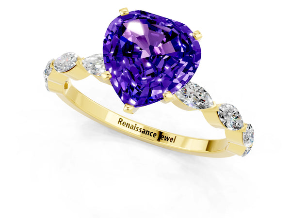 Yellow gold Heart Cut Tanzanite Ring with Marquise Side Stones and Prong Setting