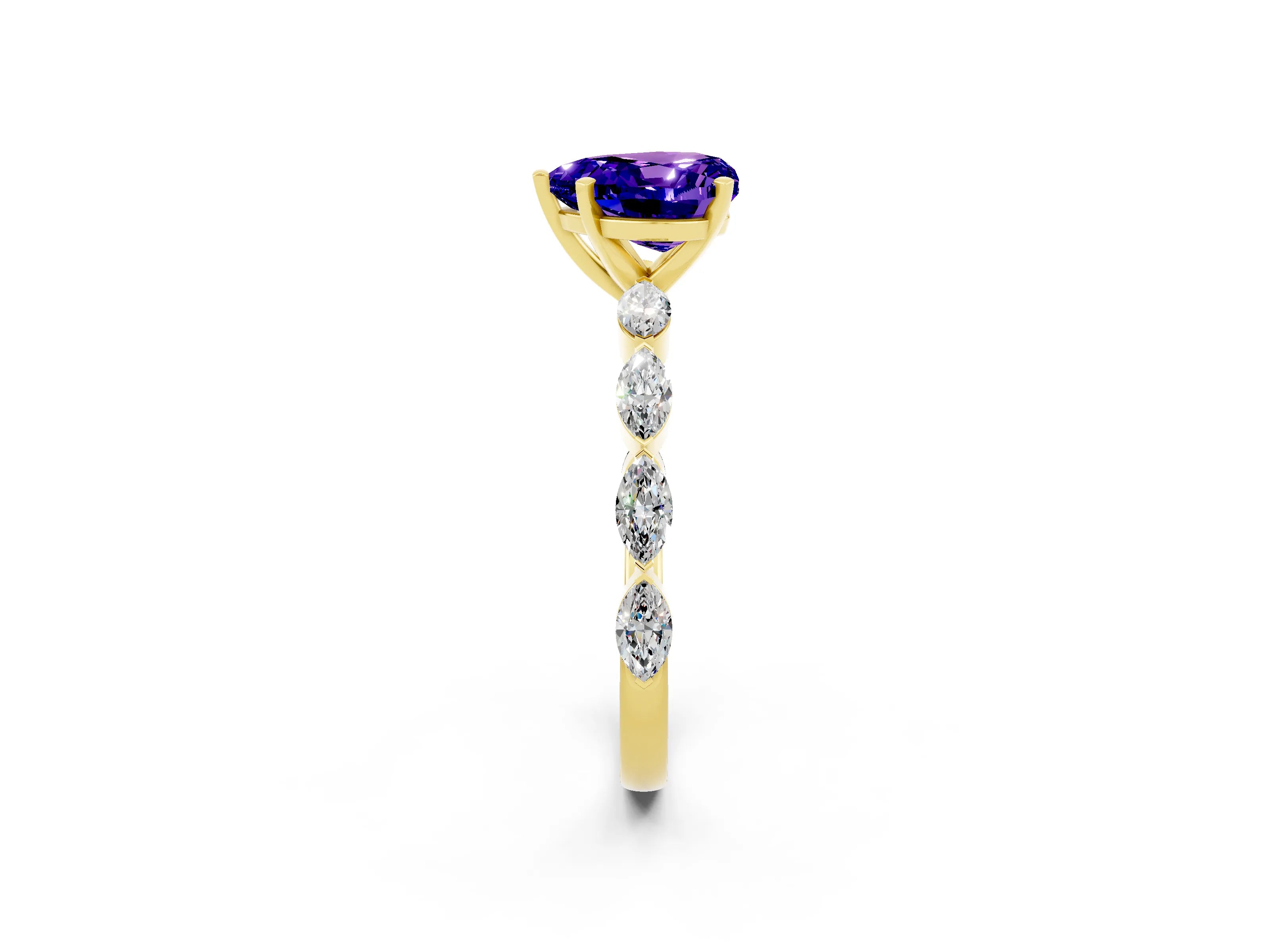 Yellow gold Heart Cut Tanzanite Ring with Marquise Side Stones and Prong Setting_2