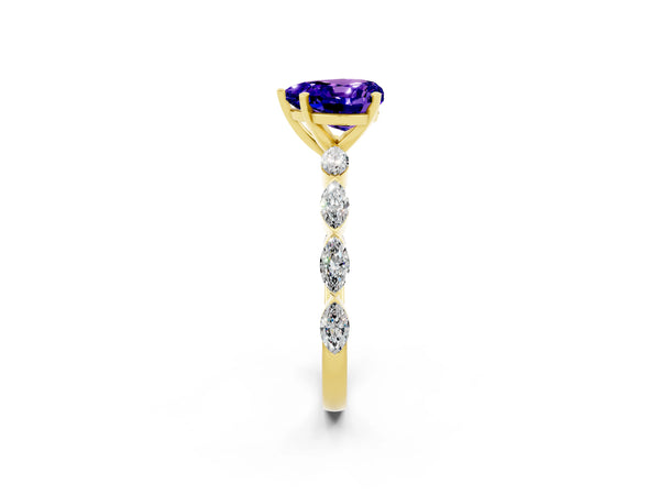 Yellow gold Heart Cut Tanzanite Ring with Marquise Side Stones and Prong Setting