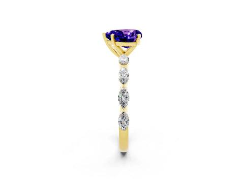 Yellow gold Heart Cut Tanzanite Ring with Marquise Side Stones and Prong Setting_2