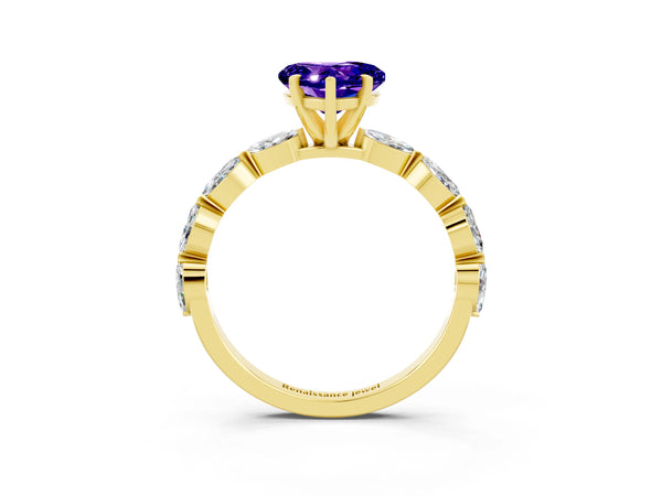 Yellow gold Heart Cut Tanzanite Ring with Marquise Side Stones and Prong Setting