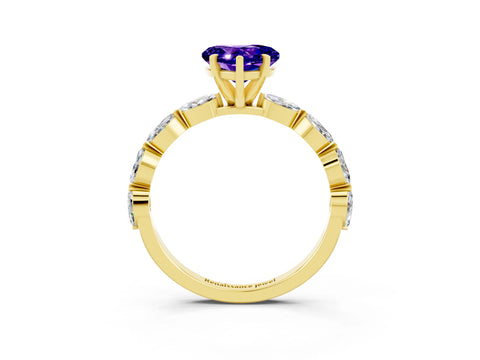 Yellow gold Heart Cut Tanzanite Ring with Marquise Side Stones and Prong Setting_3