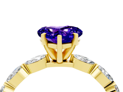 Yellow gold Heart Cut Tanzanite Ring with Marquise Side Stones and Prong Setting_4