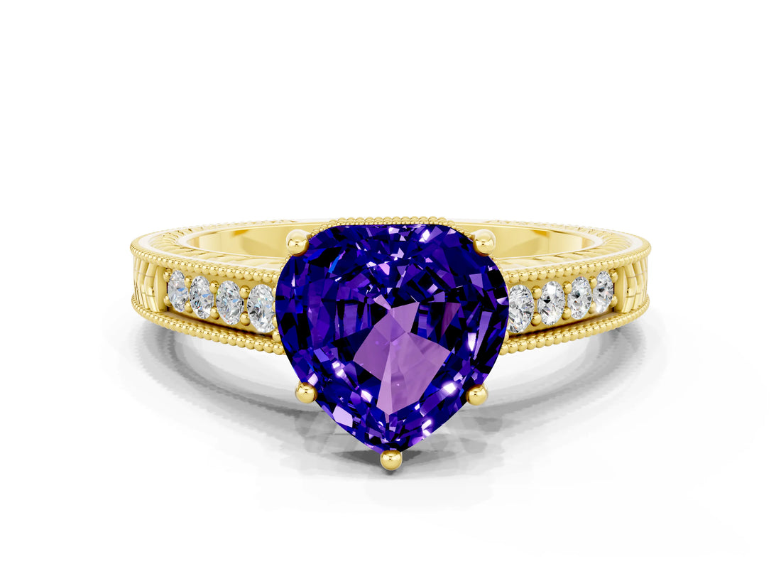 Yellow gold Heart Cut Tanzanite Ring with Milgrain Pavé Band and Four-Prong Setting_12