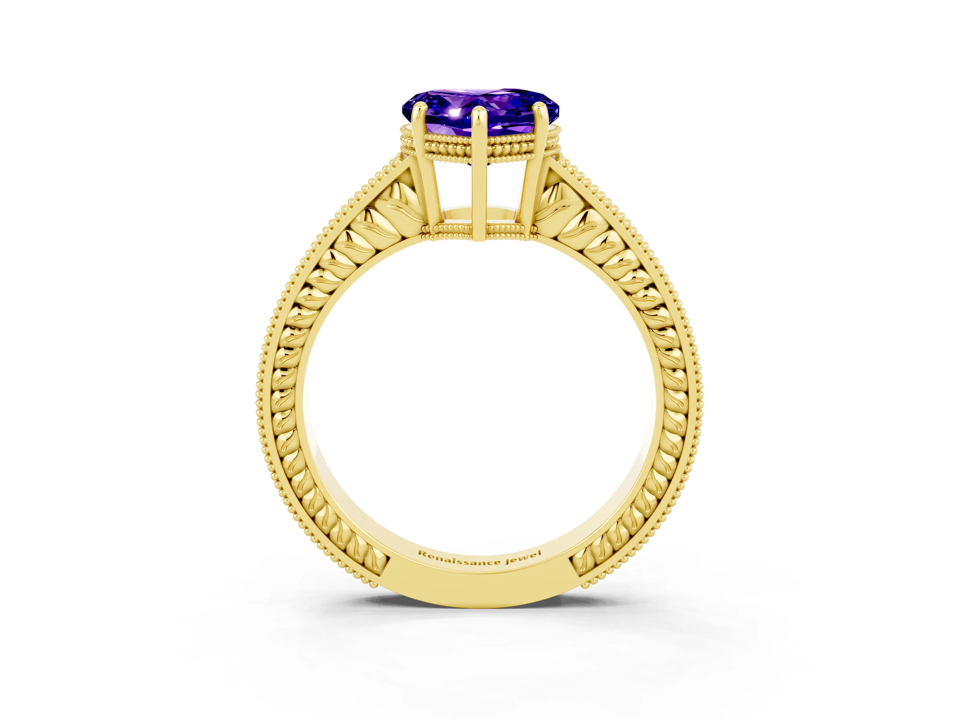 Yellow gold Heart Cut Tanzanite Ring with Milgrain Pavé Band and Four-Prong Setting_15