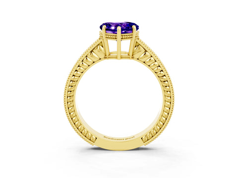 Yellow gold Heart Cut Tanzanite Ring with Milgrain Pavé Band and Four-Prong Setting_15