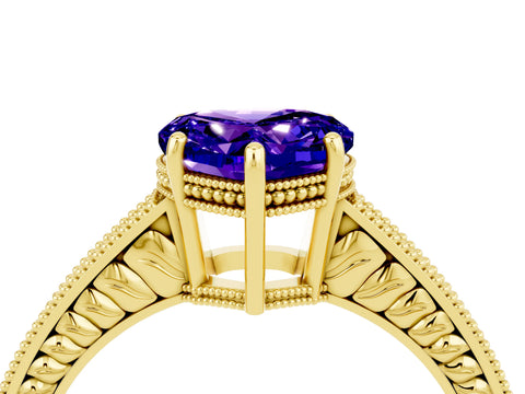 Yellow gold Heart Cut Tanzanite Ring with Milgrain Pavé Band and Four-Prong Setting_16
